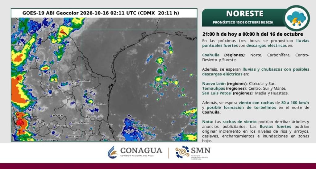 PRONOSTICAN LLUVIAS INTENSAS, RACHAS DE VIENTO DE HASTA 100 KM/H Y POSIBLES TORBELLINOS EN&nbsp;COAHUILA