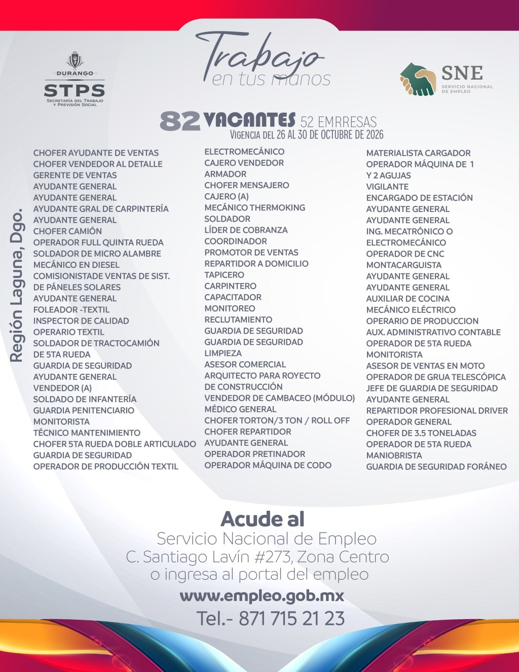 Anuncia Esteban Villegas 179 nuevas vacantes de empleo para quienes buscan trabajo en Durango y la Región&nbsp;Laguna